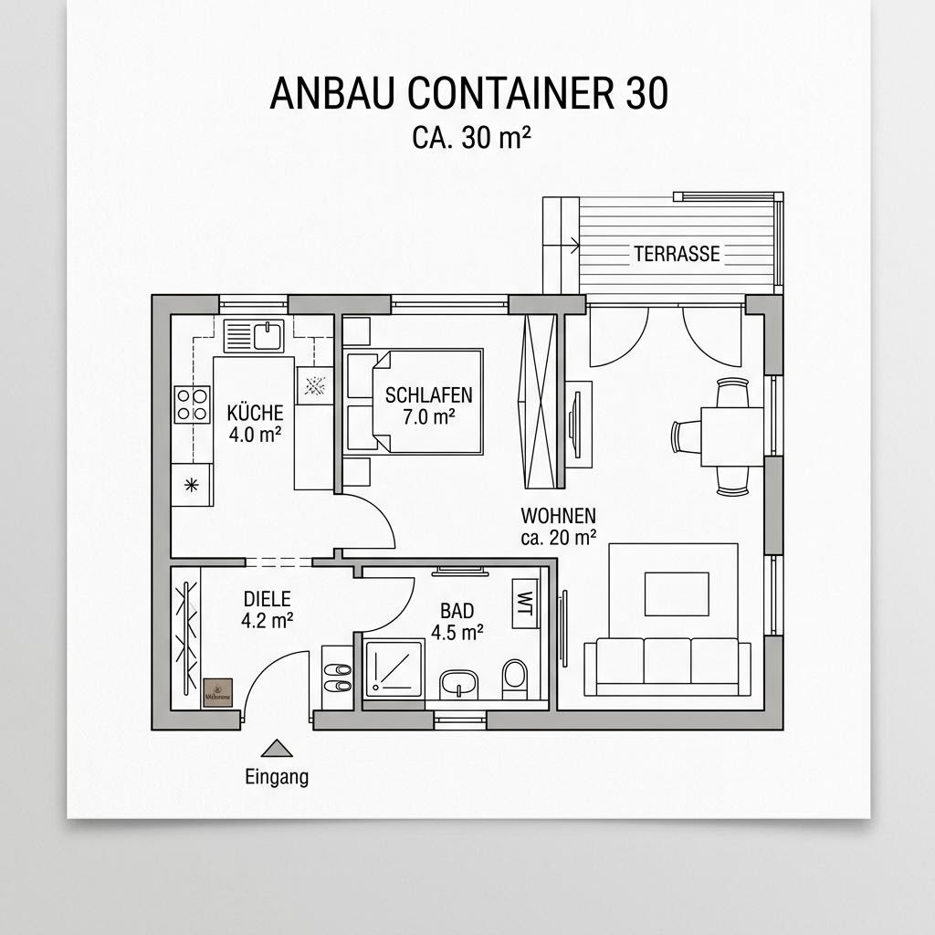 Grundriss Anbau Container 30 von Wohncontainer W6 — 30 m², 1 Zimmer