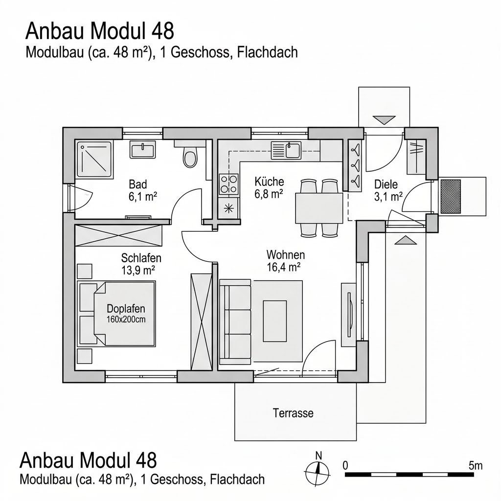 Grundriss Anbau Modul 48 – 48 m² Anbau / Aufstockung mit 2 Zimmern