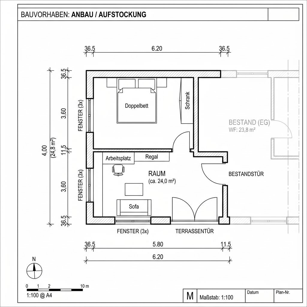 Grundriss Aufstockungsmodul von Containerwerk — 24 m², 1 Zimmer