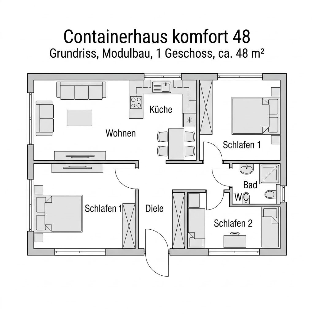Grundriss Containerhaus komfort 48 von Wohncontainer W6 — 48 m², 3 Zimmer