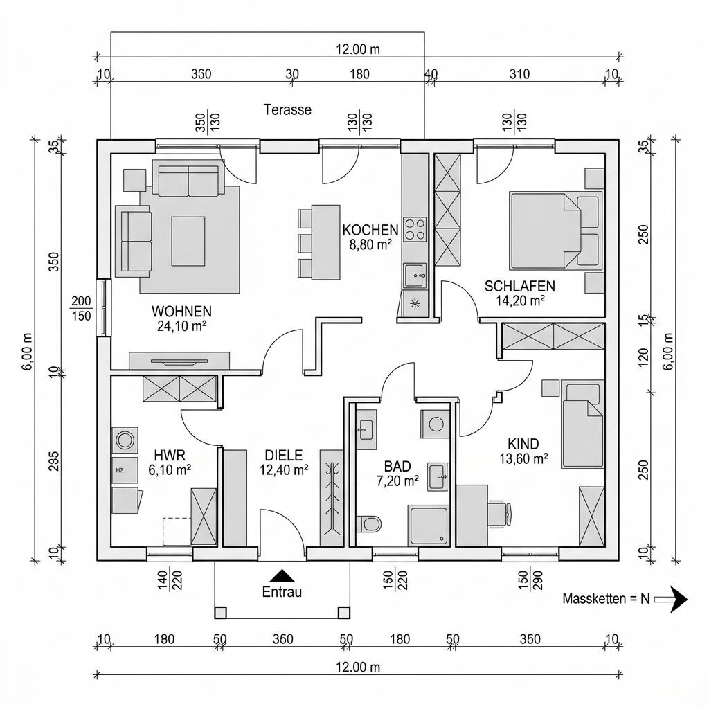 Grundriss Modulhaus Urban 72 – 72 m² Modulhaus mit 3 Zimmern