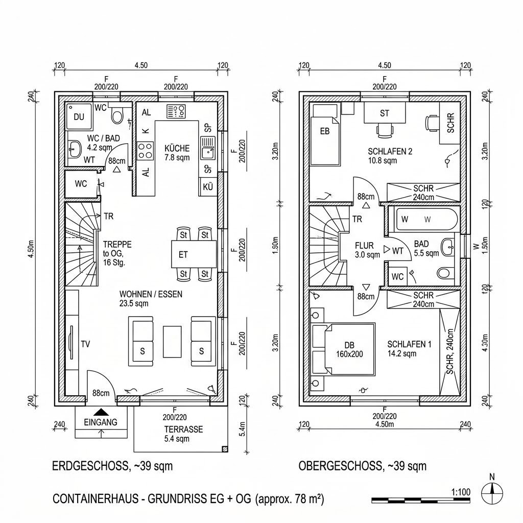 Grundriss Raummodul Wohnen Stapel von Containerwerk — 78 m², 4 Zimmer