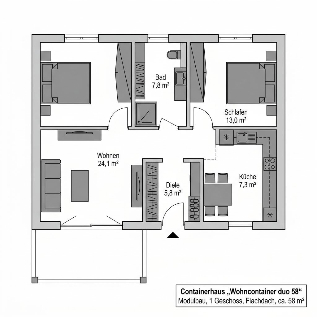 Containerhaus Wohncontainer duo 58 von Containerwerk — gekoppeltes Seecontainer-Modul mit Flachdach und 58 m²