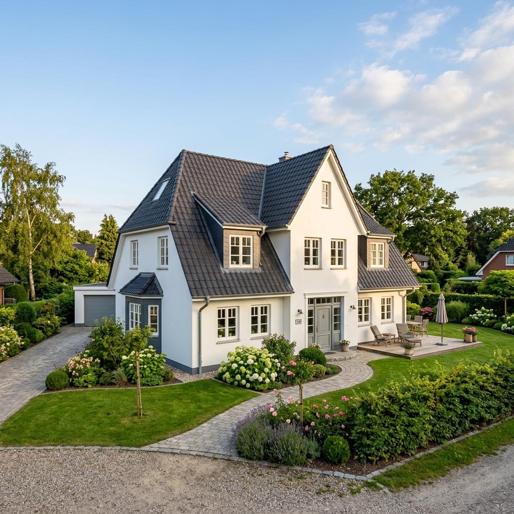 Friesenhaus Möwenweg von Dammann-Haus mit weißer Putzfassade und Sprossenfenstern