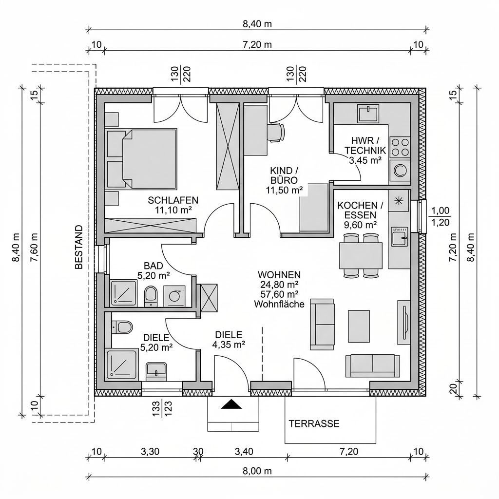 Grundriss Anbau Glasmodul 58 – 58 m² Anbau / Aufstockung mit 2 Zimmern