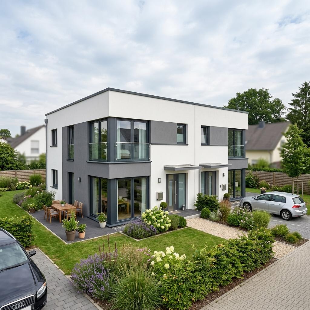 Flachdachhaus Cube 132 Doppelhaus von Deutsche Neubau mit Flachdach — massives Doppelhaus mit 132 m² je Hälfte