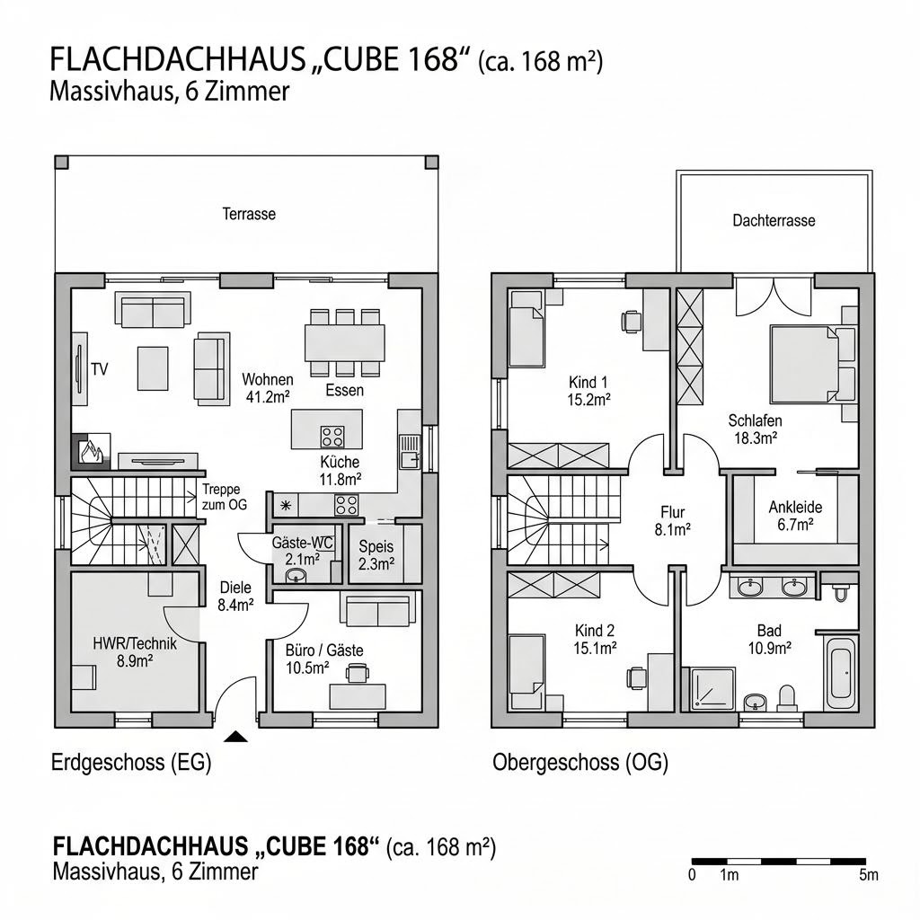 Flachdachhaus Cube 168 von Deutsche Neubau mit Flachdach — massive Stadtvilla mit 168 m² und Loggia