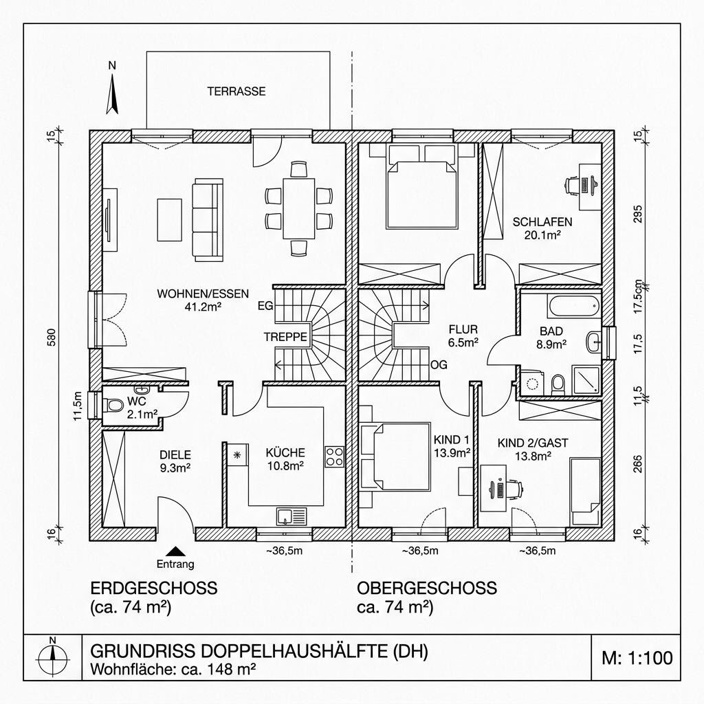 Grundriss Doppelhaus Fjord Duo 148 von Bärenhaus — 148 m², 5 Zimmer