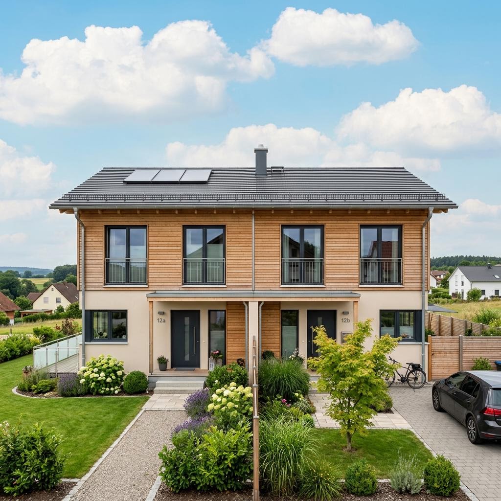 Trend 168 Doppelhaus von Bärenhaus Doppelhaus Trend 168 von Bärenhaus — Holzfertighaus mit zwei Einheiten unter Satteldach