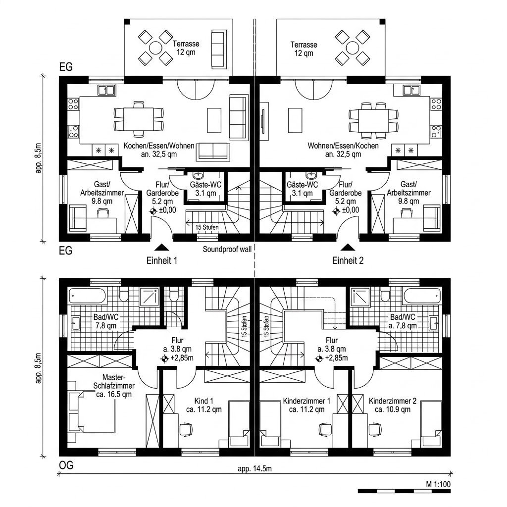 Grundriss Doppelhaus DH 98 Variante B von Baudirekt Architektenhäuser — 98 m², 4 Zimmer