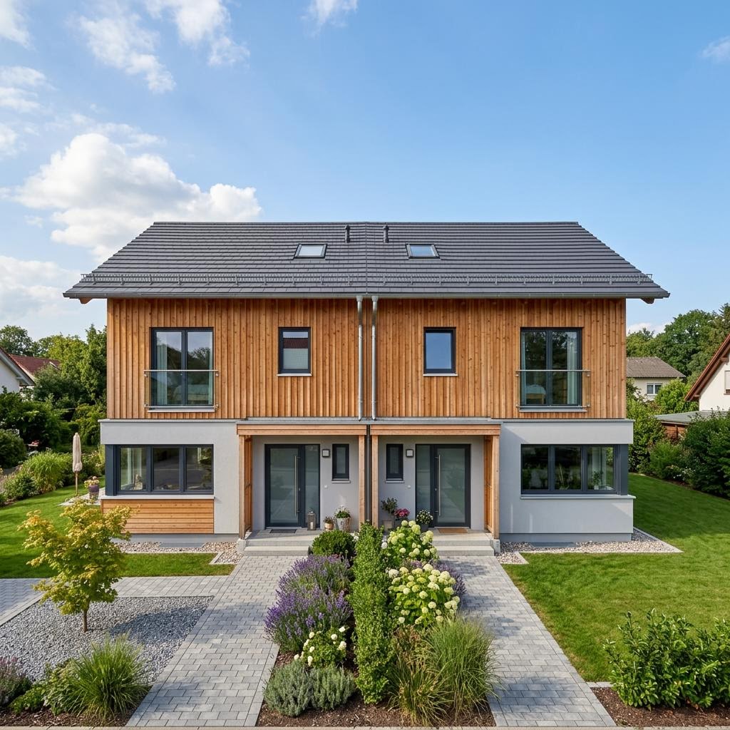Planungsbeispiel 118D10 von Bio-Solar-Haus Doppelhaus Planungsbeispiel 118D10 von Bio-Solar-Haus — Holztafelbau mit rund 118 m²