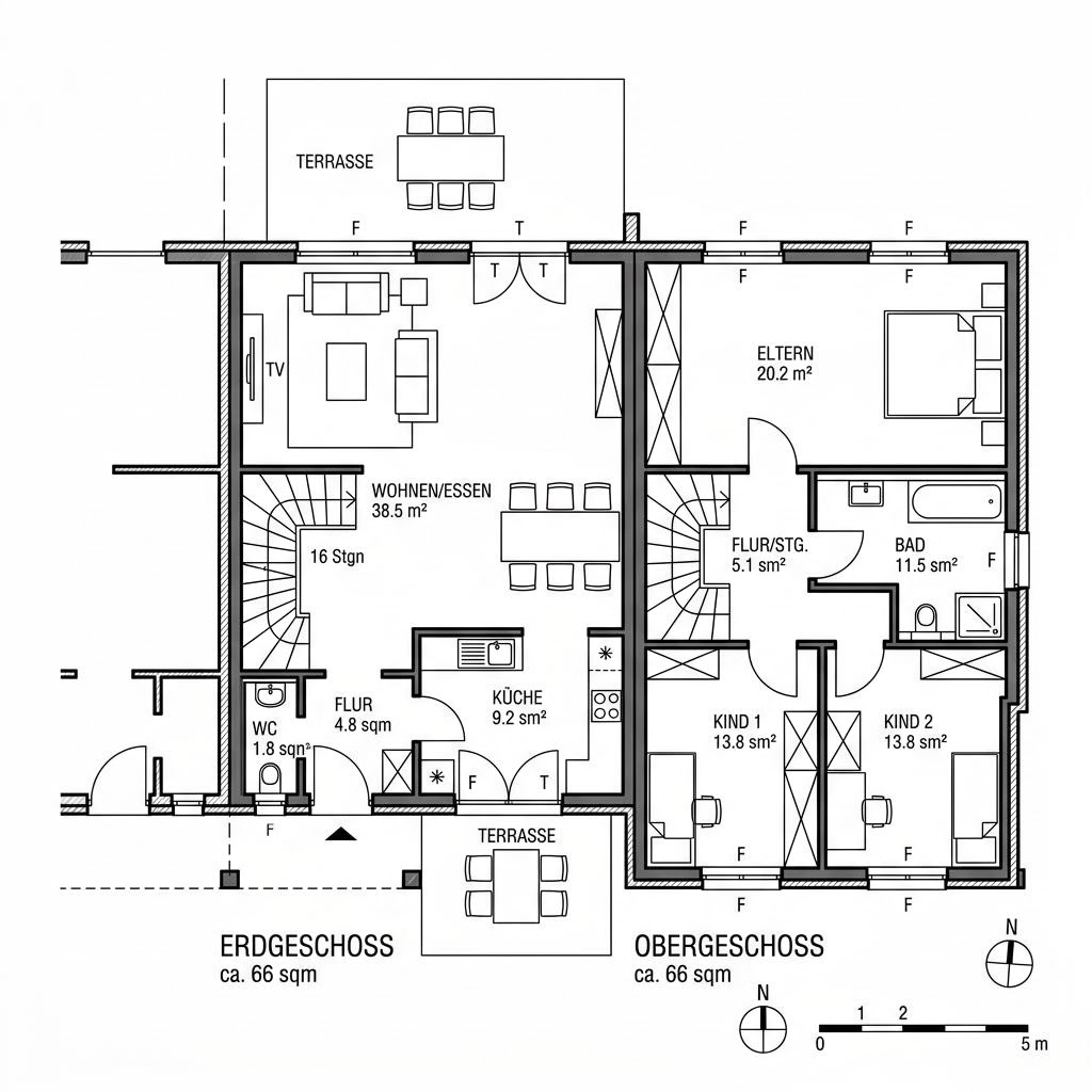 Grundriss Doppelhaus Allee 132 von Büdenbender Hausbau — 132 m², 4 Zimmer