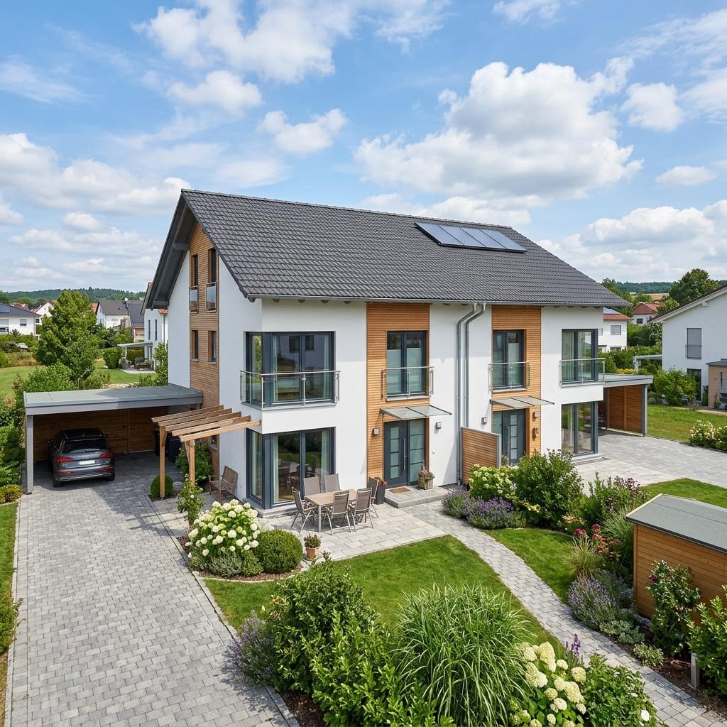 Doppelhaus 118 von TALBAU-Haus Doppelhaus 118 von TALBAU-Haus — Holzfertighaushälfte mit Satteldach und 118 m²