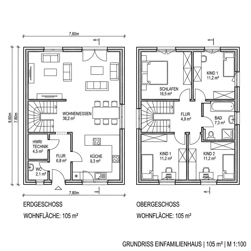 Grundriss Massiv Doppelhaus 105 von Team Massivhaus