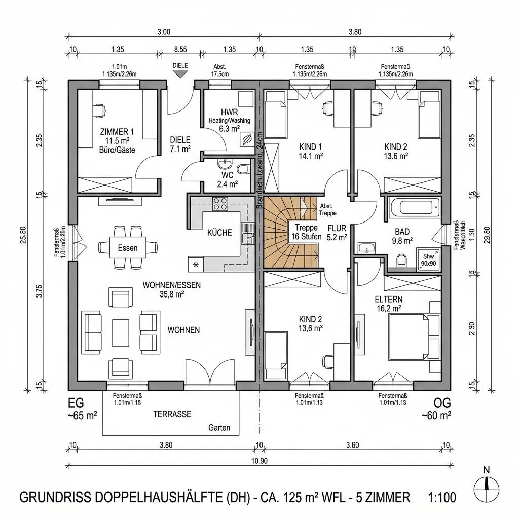 Grundriss DH Aura 125 – 125 m² Doppelhaus mit 5 Zimmern