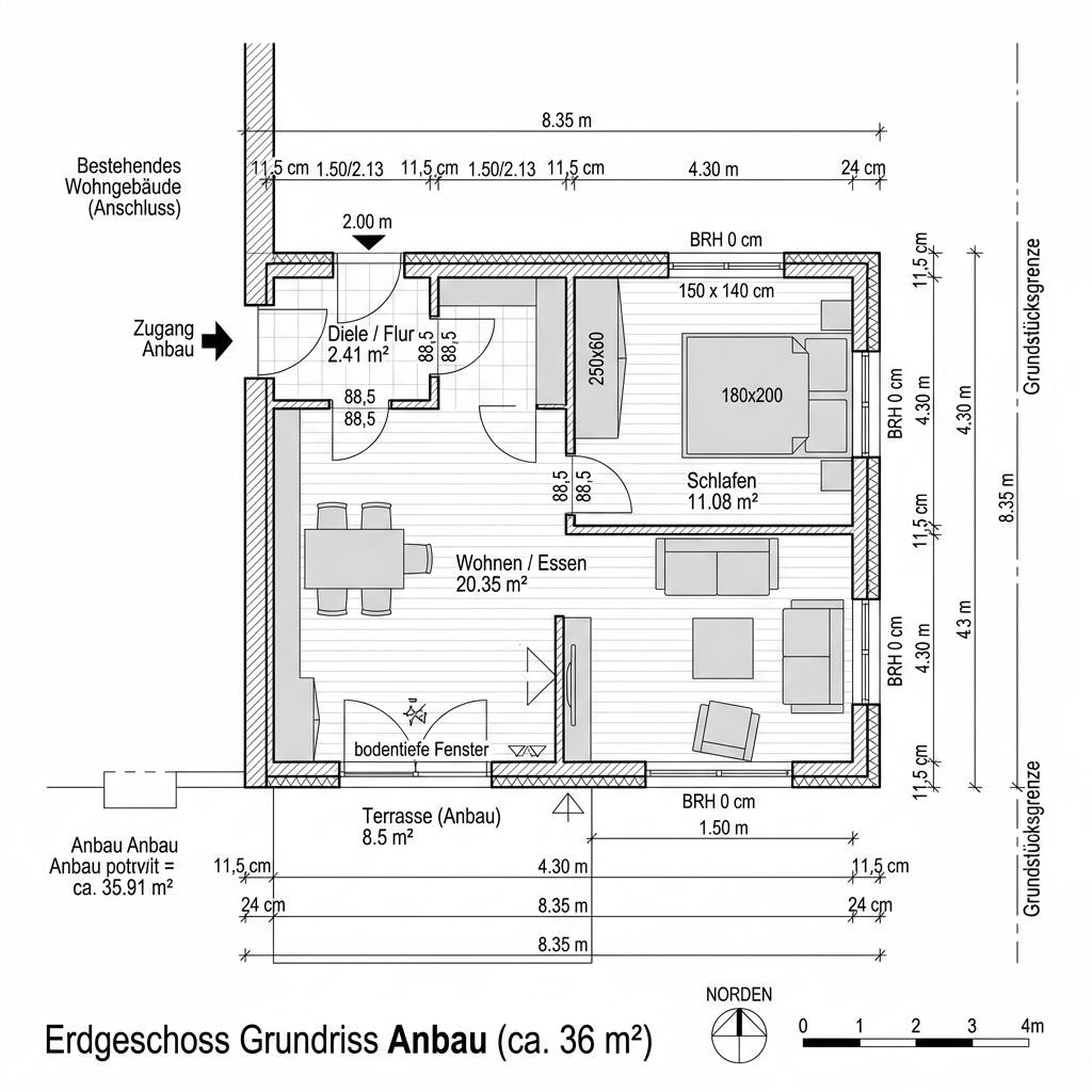 Grundriss Anbau Modul 36 – 36 m² Anbau / Aufstockung mit 2 Zimmern