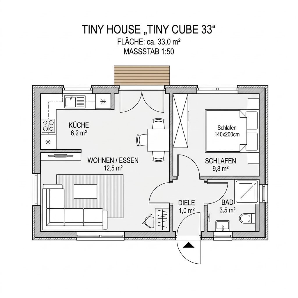 Tiny House Tiny Cube 33 von Dwellii House — modulares Minihaus mit Flachdach und 33 m²