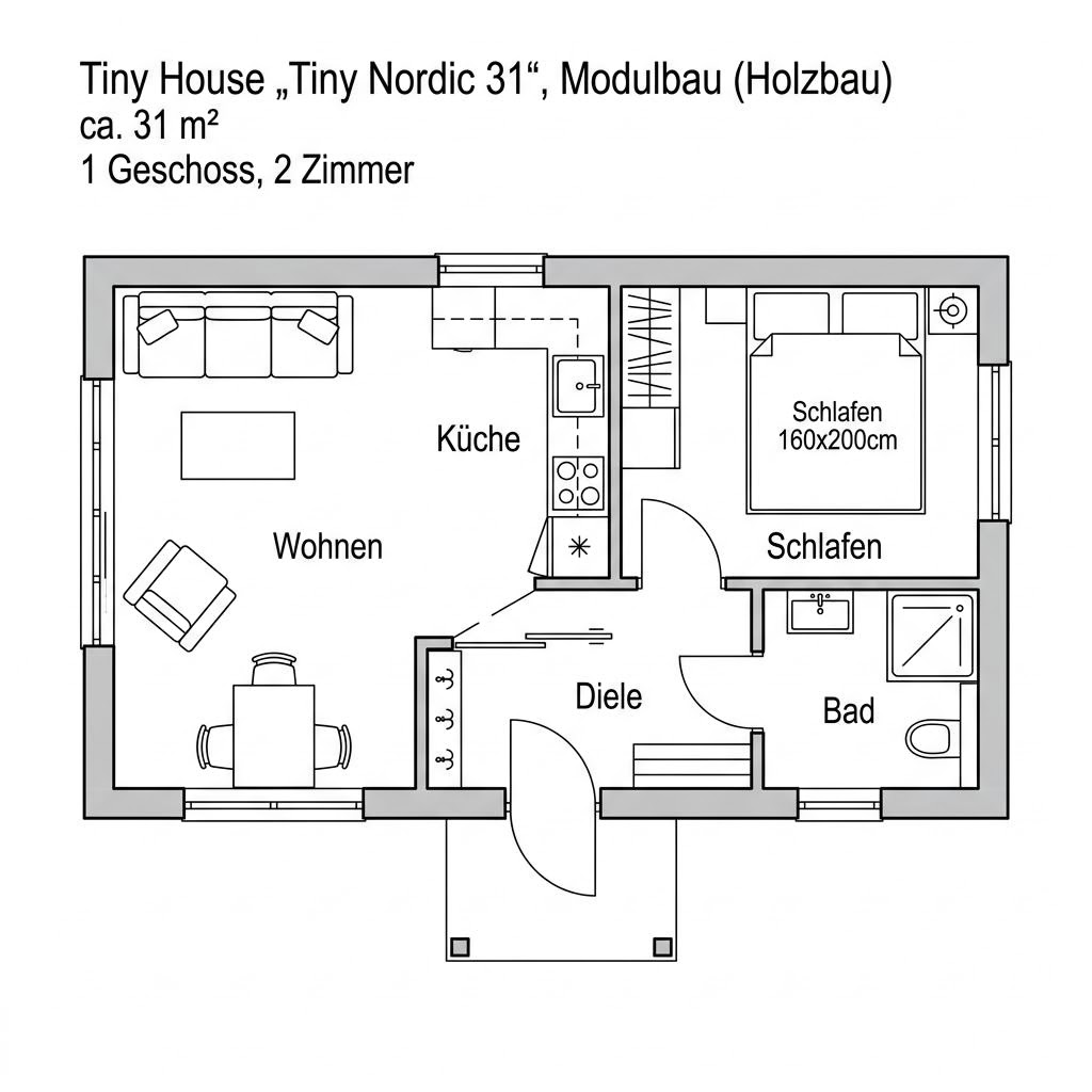 Tiny House Tiny Nordic 31 von Dwellii House — skandinavisches Minihaus mit Pultdach und 31 m²