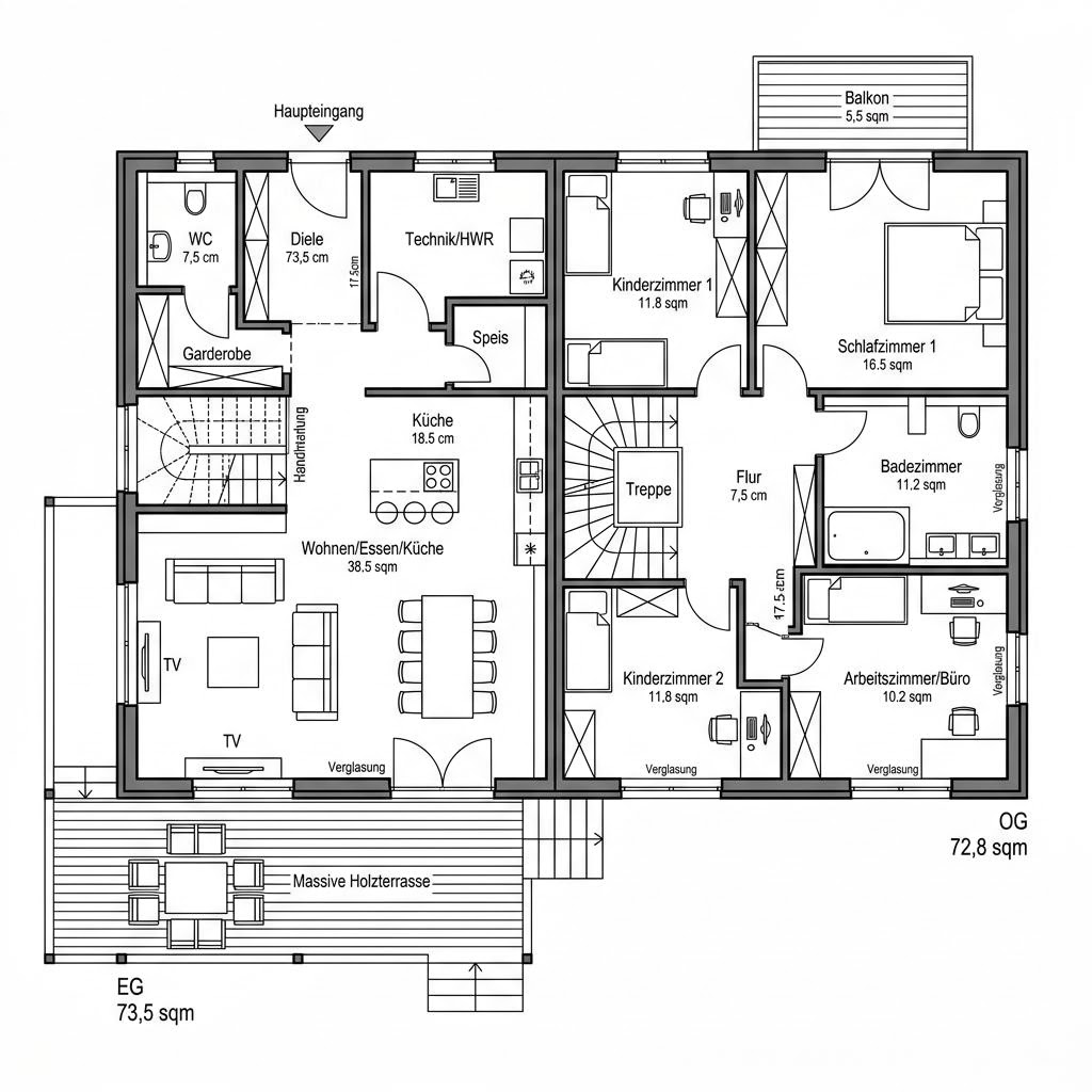 Grundriss Vollholz Familie 146 von Petershaus — 146 m², 5 Zimmer