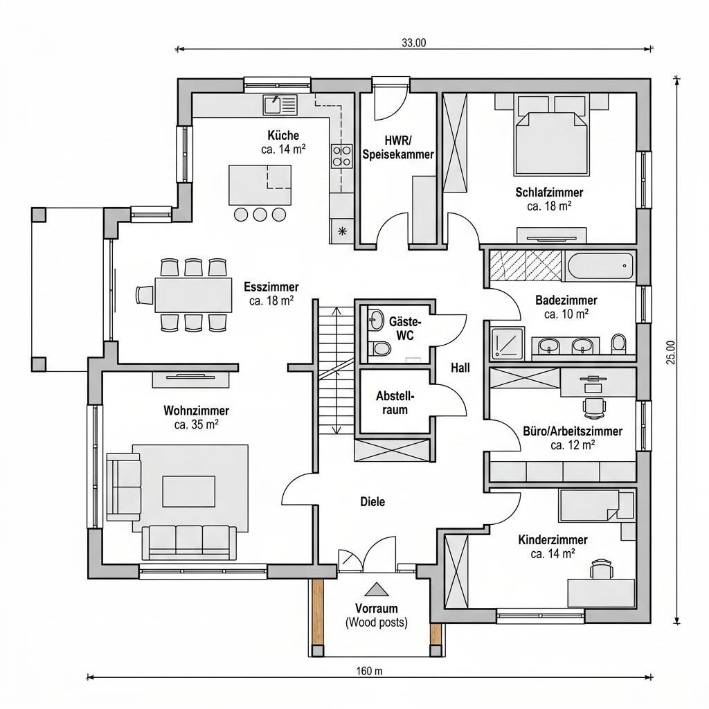 Grundriss American Dream – 160 m² Amerikanisches Haus mit 5 Zimmern