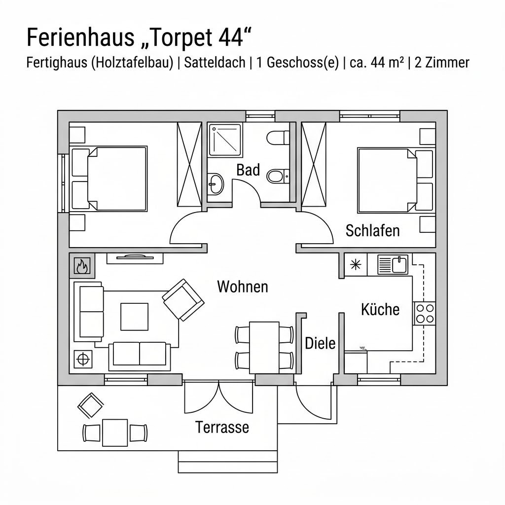 Ferienhaus Torpet 44 von Eksjöhus als kompaktes Schwedentorp mit Satteldach