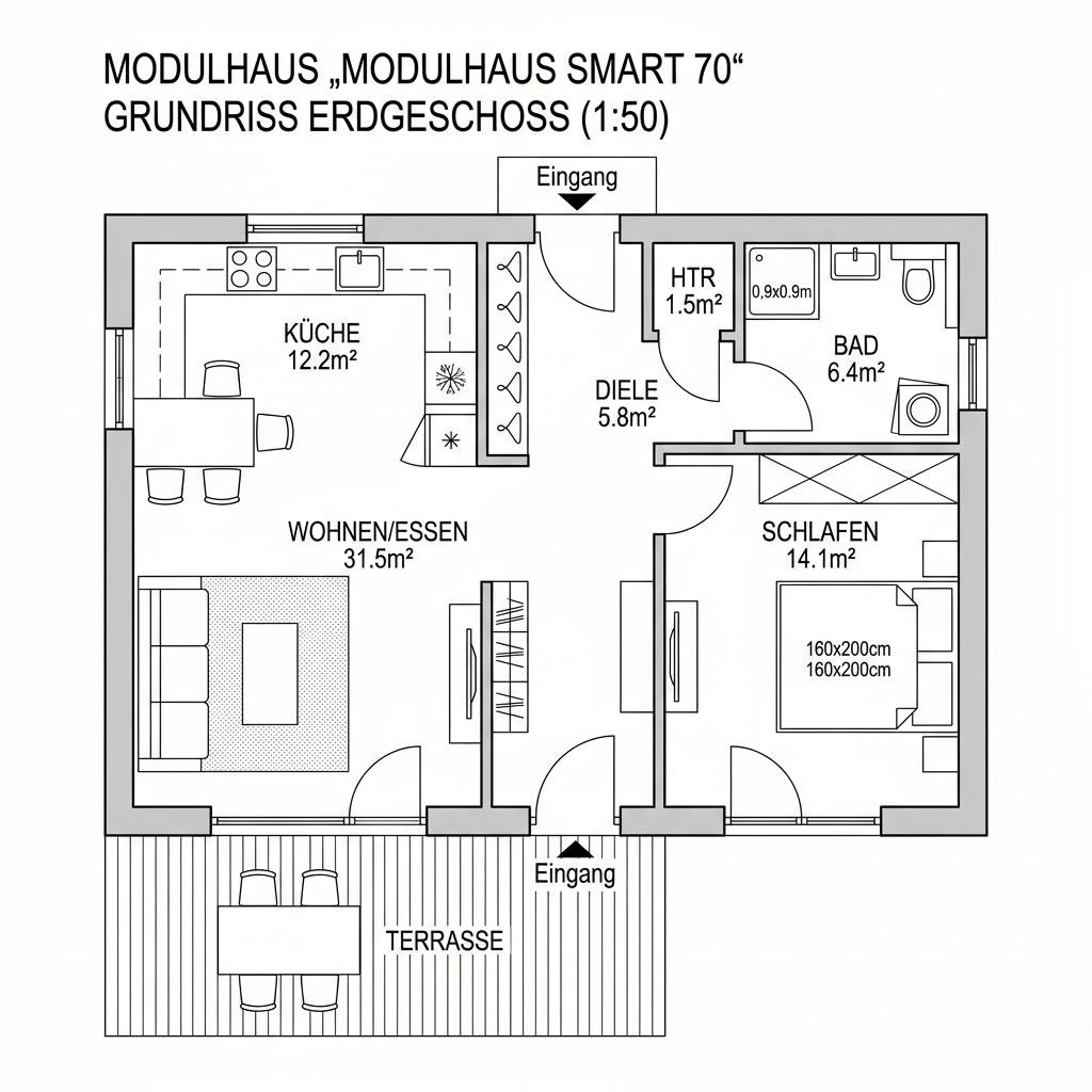 Modulhaus smart 70 von ELK Haus — werkfertiges Holzmodulhaus mit Flachdach und 70 m²