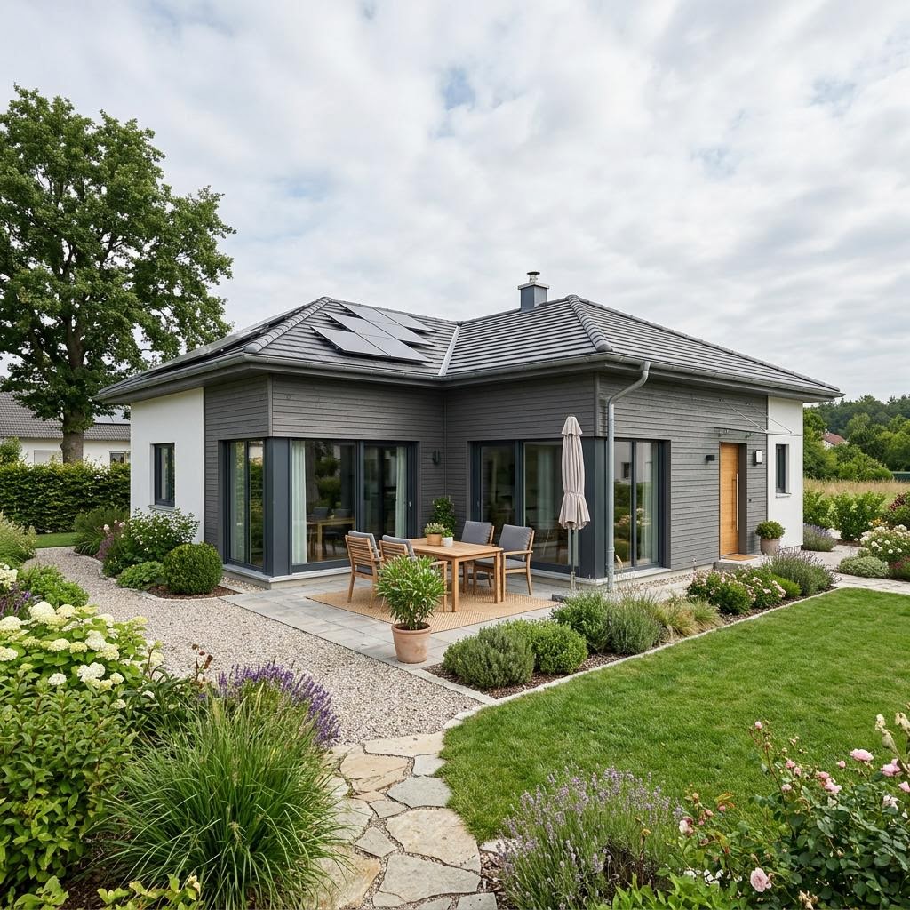 Winkelbungalow Alpenwinkel 134 von ELK Haus mit Walmdach — Holz-Winkelbungalow mit 134 m²