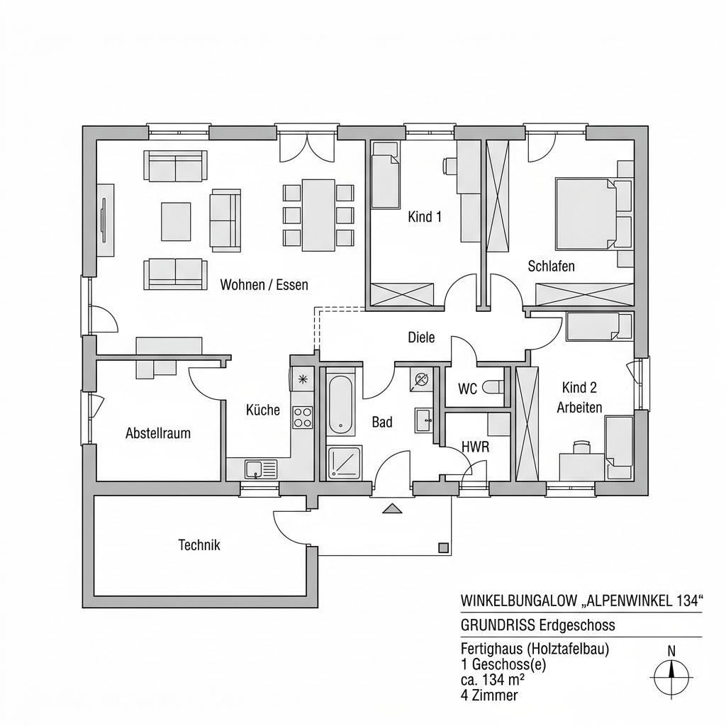 Grundriss Winkelbungalow Alpenwinkel 134 von ELK Haus — 134 m², 4 Zimmer