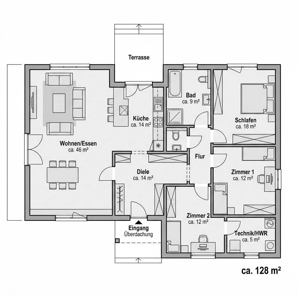 Grundriss Winkelbungalow Gartenwinkel 128 von ELK Haus — 128 m², 4 Zimmer