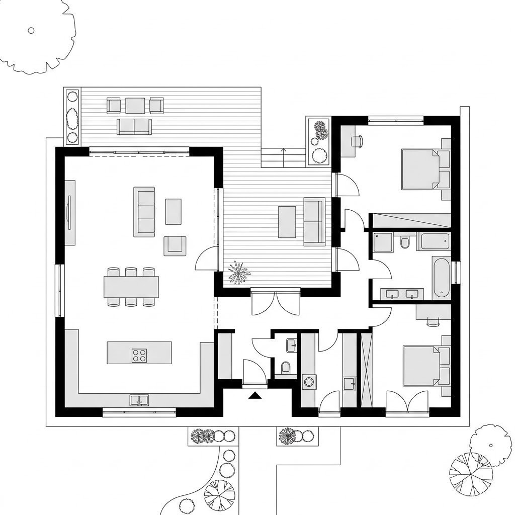 Grundriss Winkelbungalow Terrawinkel 138 von elk-haus — 138 m², 4 Zimmer