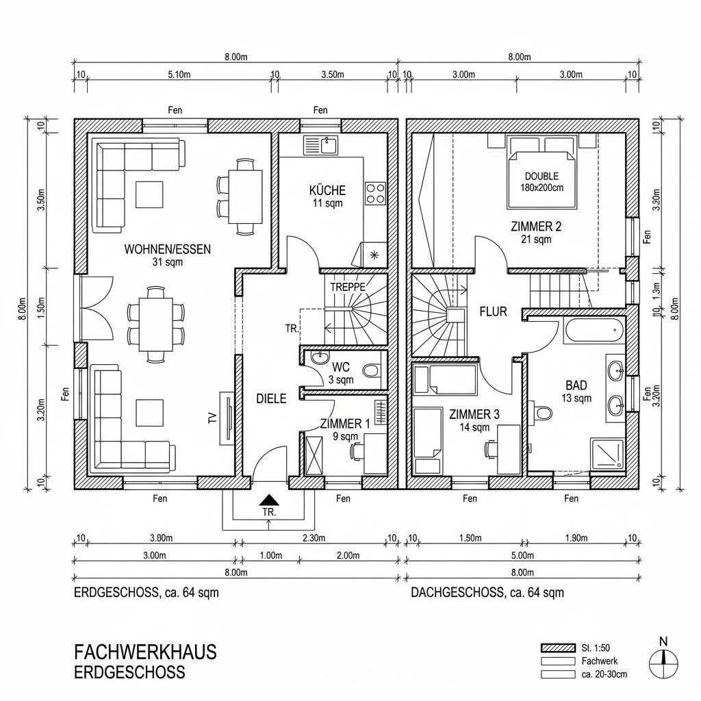 Grundriss Fachwerkhaus Kate 128 Ausbau von Fuhrberger Fachwerkhaus — 128 m², 4 Zimmer