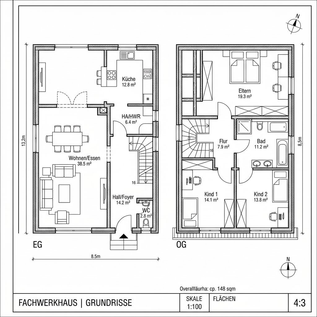 Fachwerkhaus Hof 148 von KD-Haus — Fachwerk mit Holzständer und Gefachen mit rund 148 m²