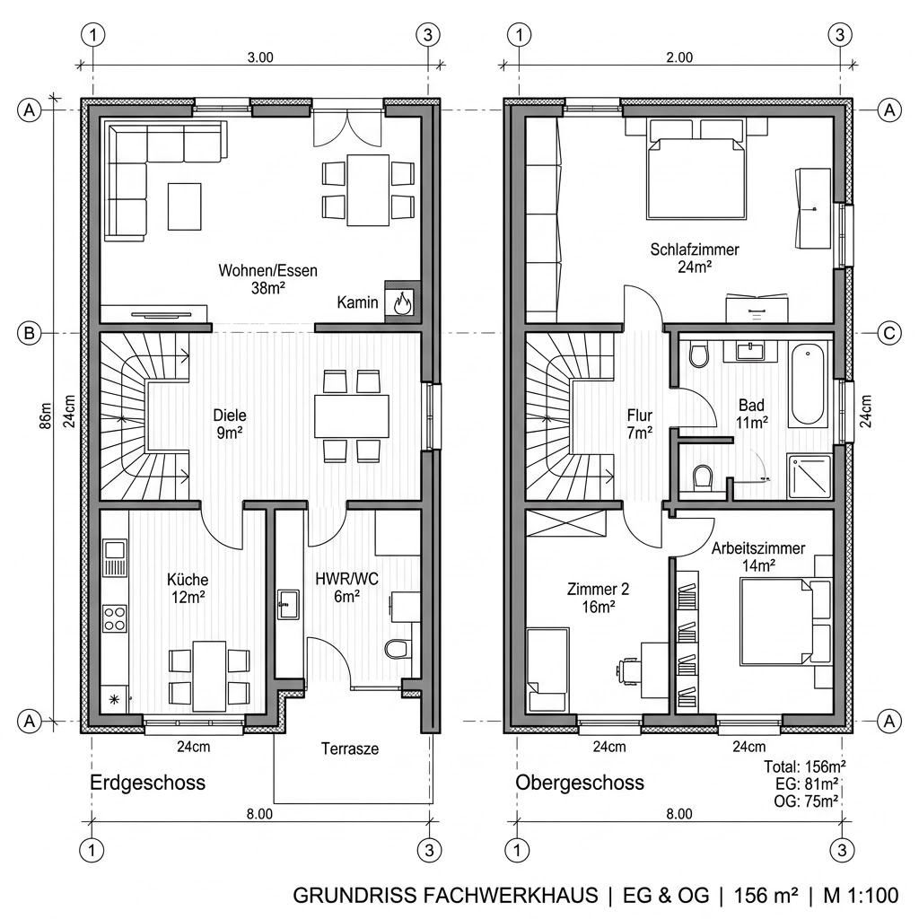 Fachwerkhaus Klassik 156 von KD-Haus — Fachwerk mit Holzständer und Gefachen mit rund 156 m²