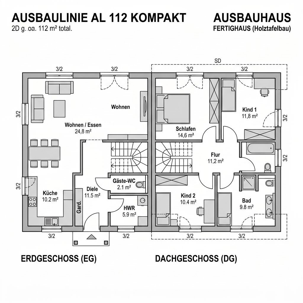 Grundriss Ausbaulinie AL 112 Kompakt von Fertighaus WEISS — 112 m², 4 Zimmer