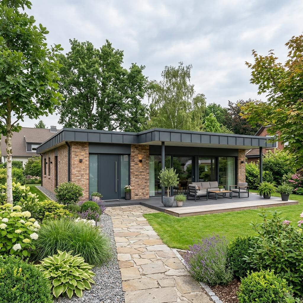 Massiv-Bungalow Panorama 131 von FIBAV Massivhaus Bungalow Panorama 131 von FIBAV Massivhaus mit Flachdach — moderner Ziegel-Bungalow mit 131 m²