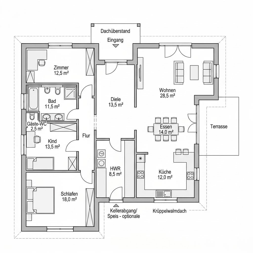 Grundriss Land-Winkelbungalow 134 von FIBAV Massivhaus — 134 m², 4 Zimmer