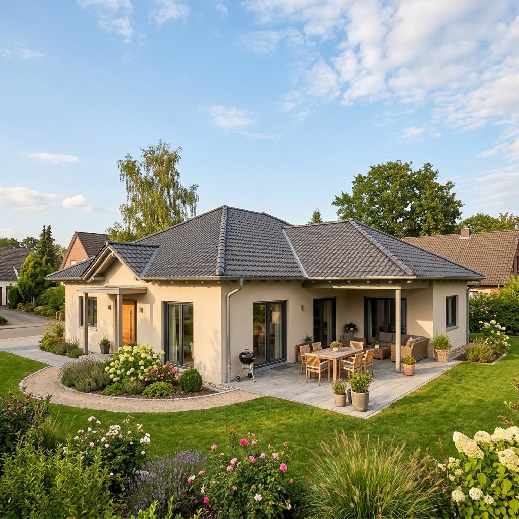 Massiver Winkelbungalow Massivwinkel 135 von fibav mit Walmdach und geschützter Terrasse