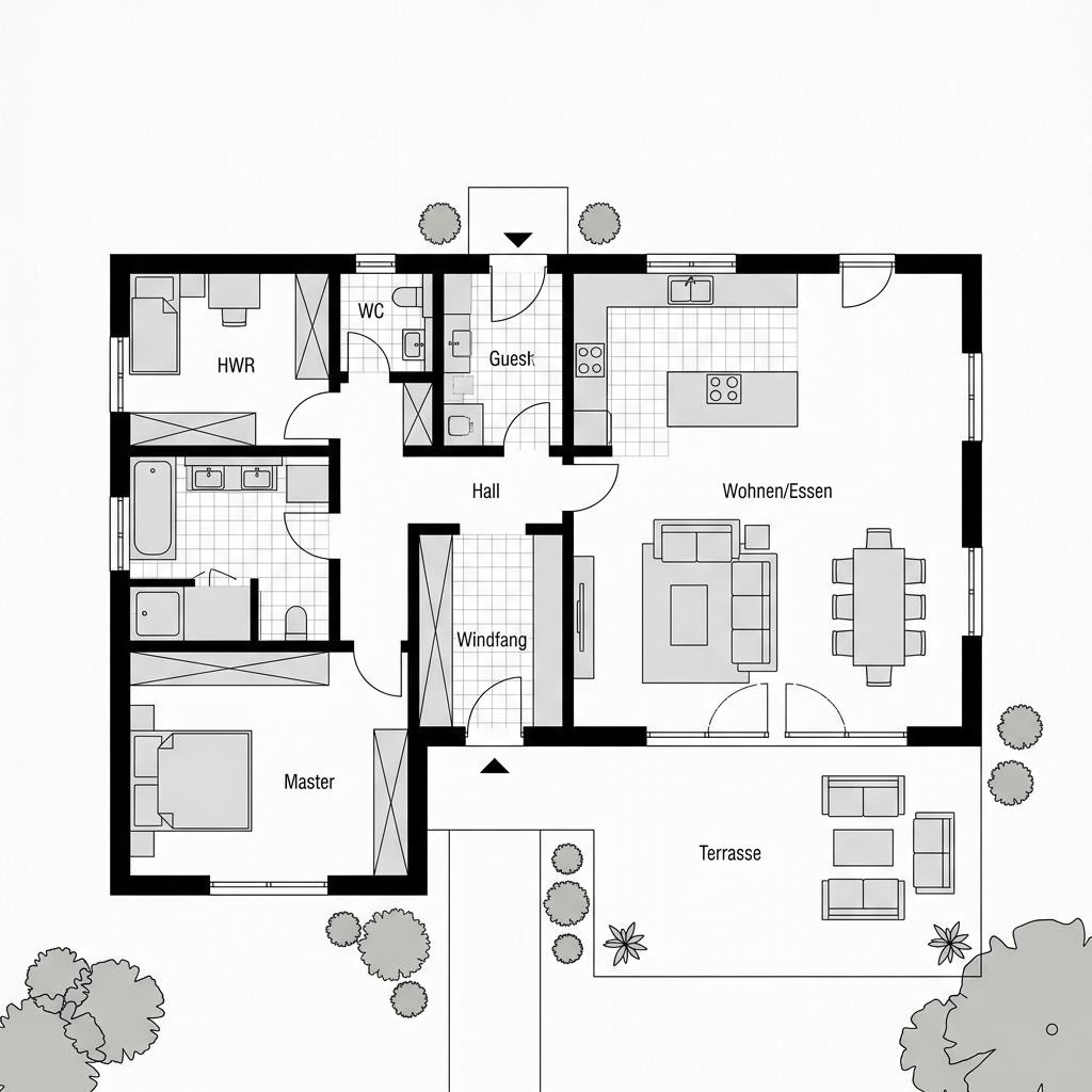 Grundriss Winkelbungalow Massivwinkel 135 von fibav — 135 m², 4 Zimmer