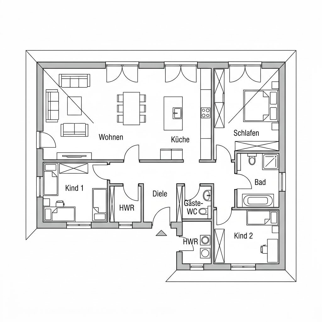 Grundriss Massiv-Winkelbungalow 142 von FIBAV Massivhaus — 142 m², 5 Zimmer