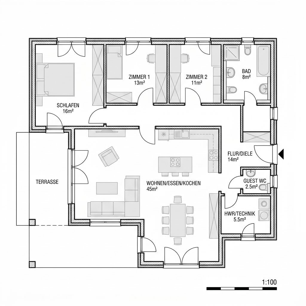 Grundriss VIO Bungalow 110 – 110 m² Bungalow mit 4 Zimmern