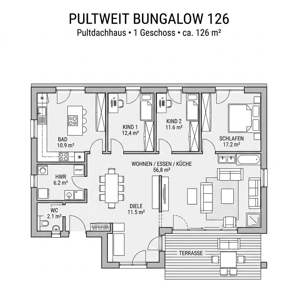 Grundriss PultWeit Bungalow 126 von FingerHaus