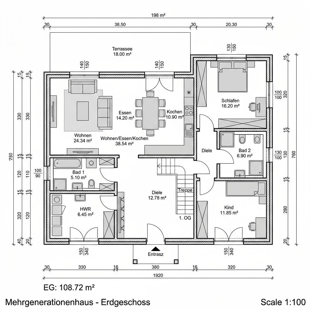 Grundriss Mehrgenerationenhaus Versato 198 – 198 m² Mehrgenerationenhaus mit 7 Zimmern
