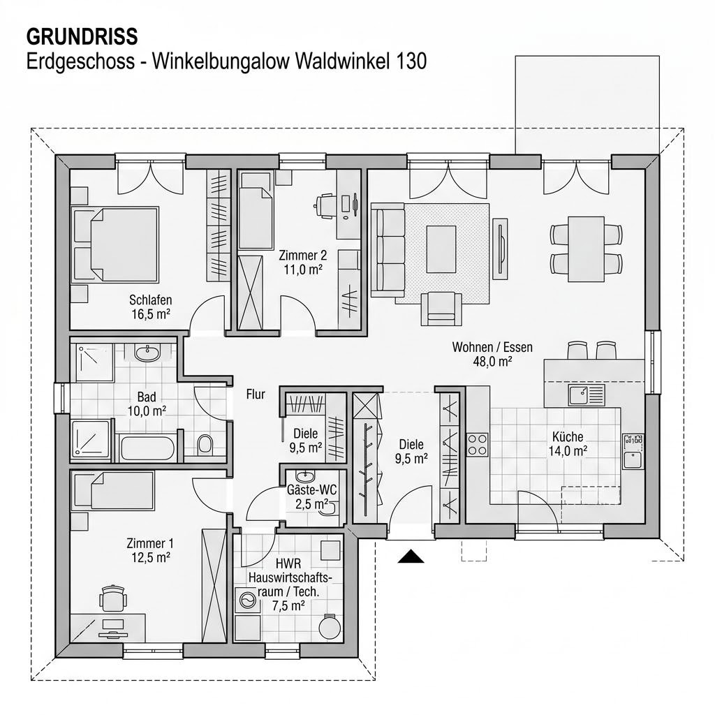 Grundriss Winkelbungalow Waldwinkel 130 von Fingerhut Haus — 130 m², 4 Zimmer