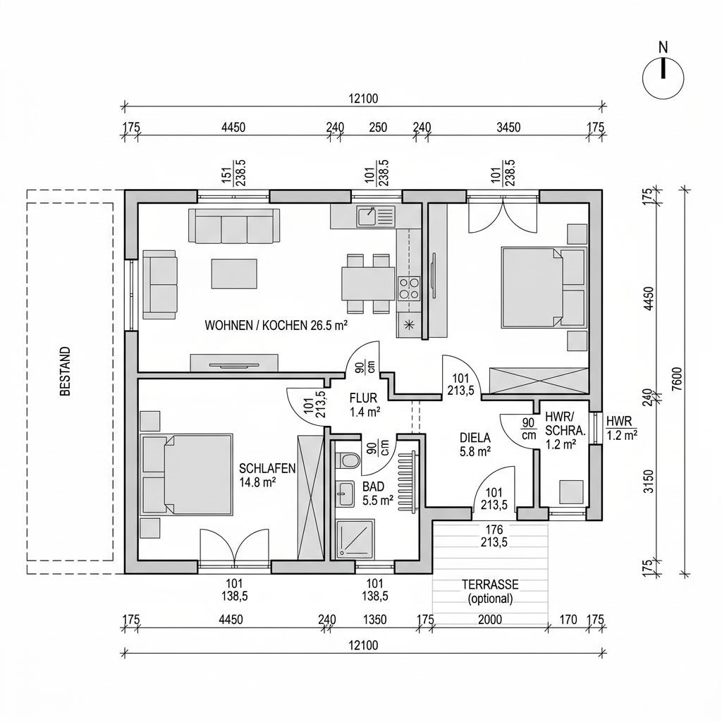 Grundriss Anbau Modul 54 – 54 m² Anbau / Aufstockung mit 2 Zimmern