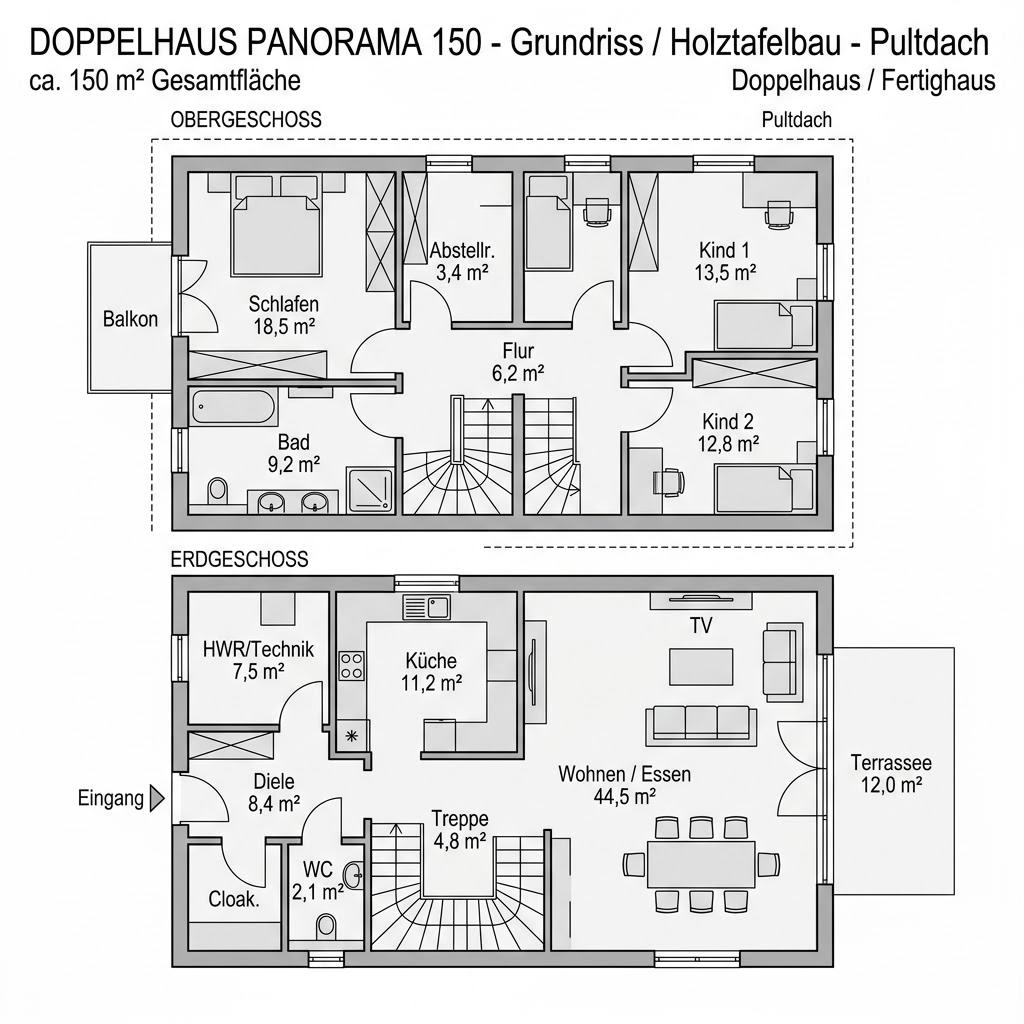 Grundriss Doppelhaus Panorama 150 von FischerHaus — 150 m², 5 Zimmer
