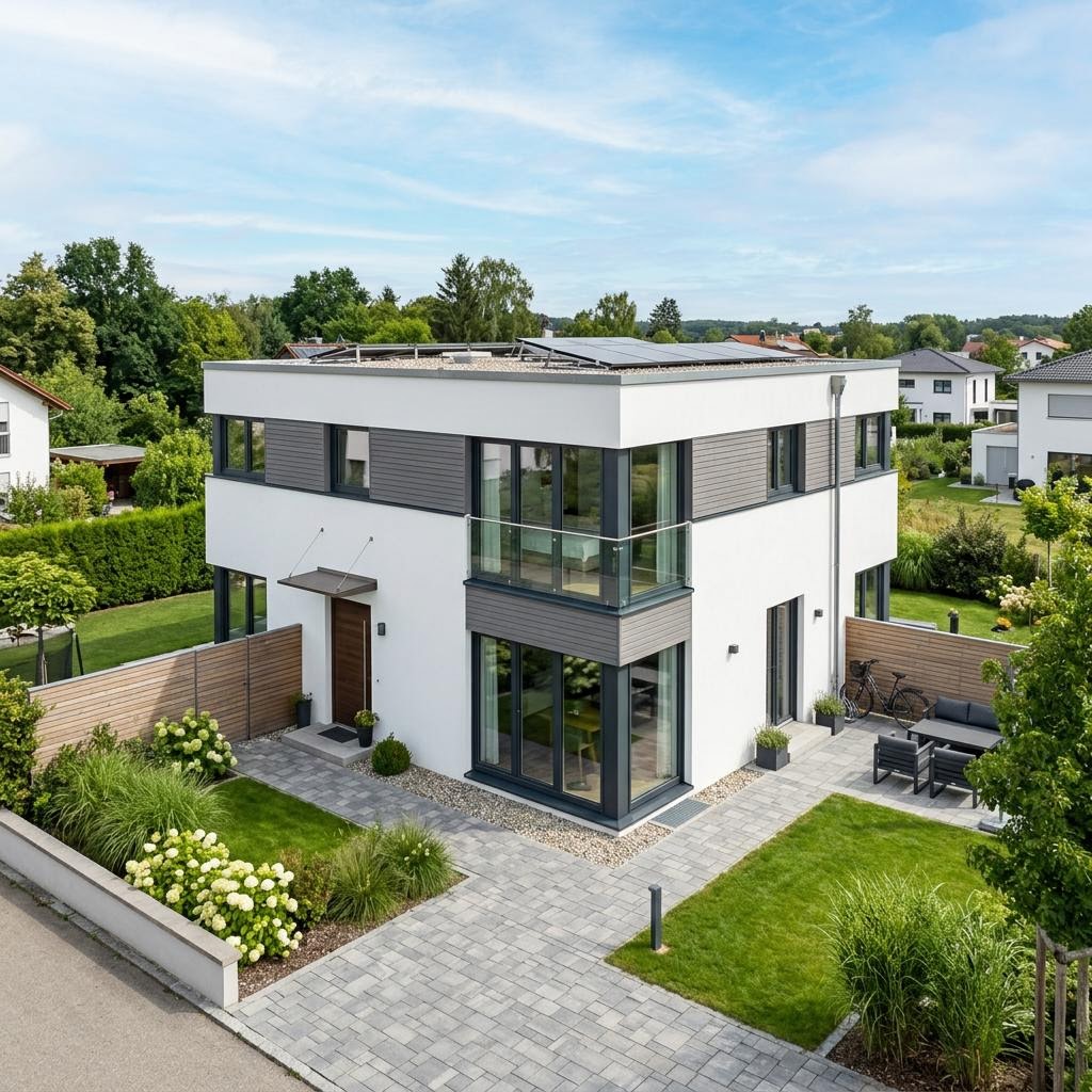 Kubushaus Quadro 138 von FischerHaus Kubushaus Quadro 138 von FischerHaus mit Flachdach — kubisches Fertighaus im Bauhausstil mit 138 m²