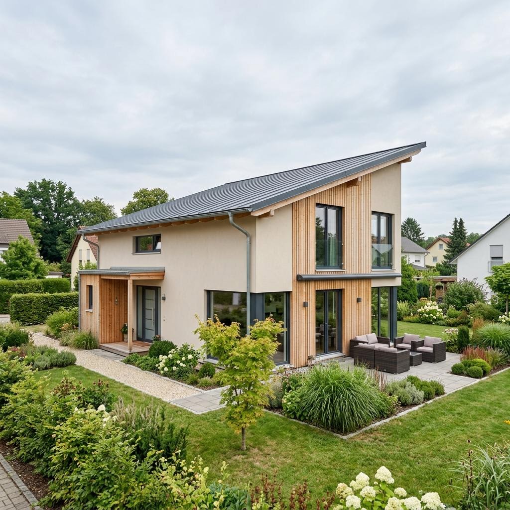 Pultdachhaus PultDesign 146 von FischerHaus mit ruhiger Fassade und Solardach