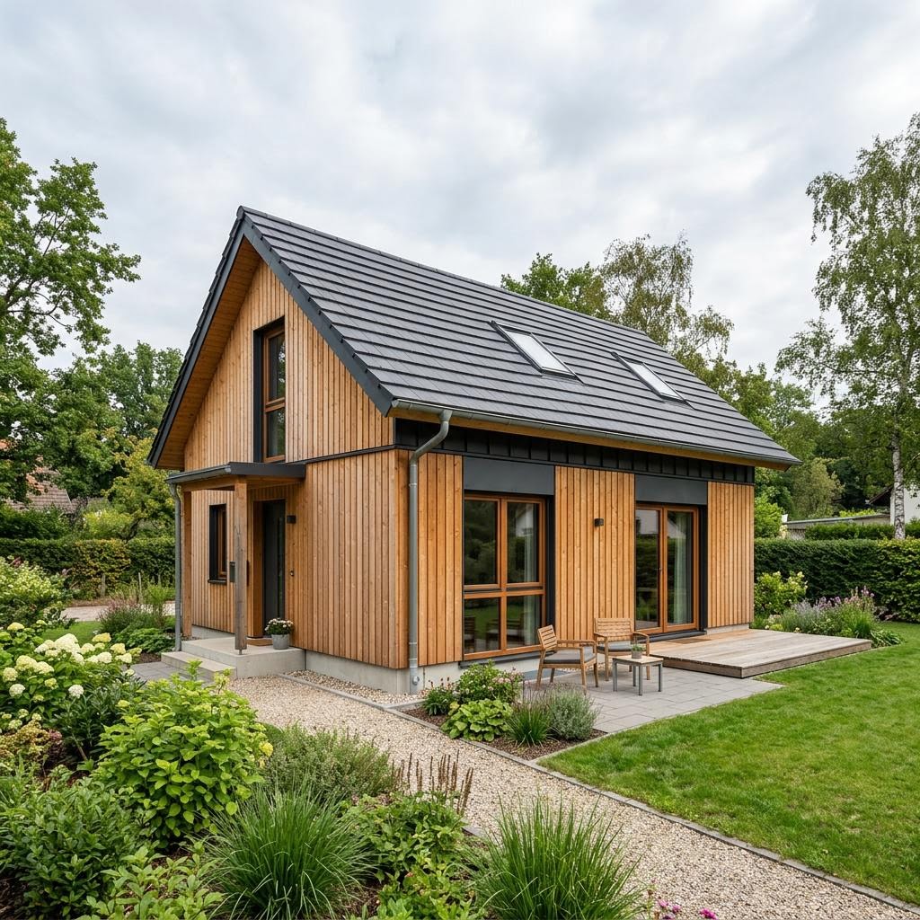 Fjällvik 46 von Fjorborg Holzhäuser Ferienhaus Fjällvik 46 von Fjorborg Holzhäuser mit heller Holzfassade und überdachter Veranda