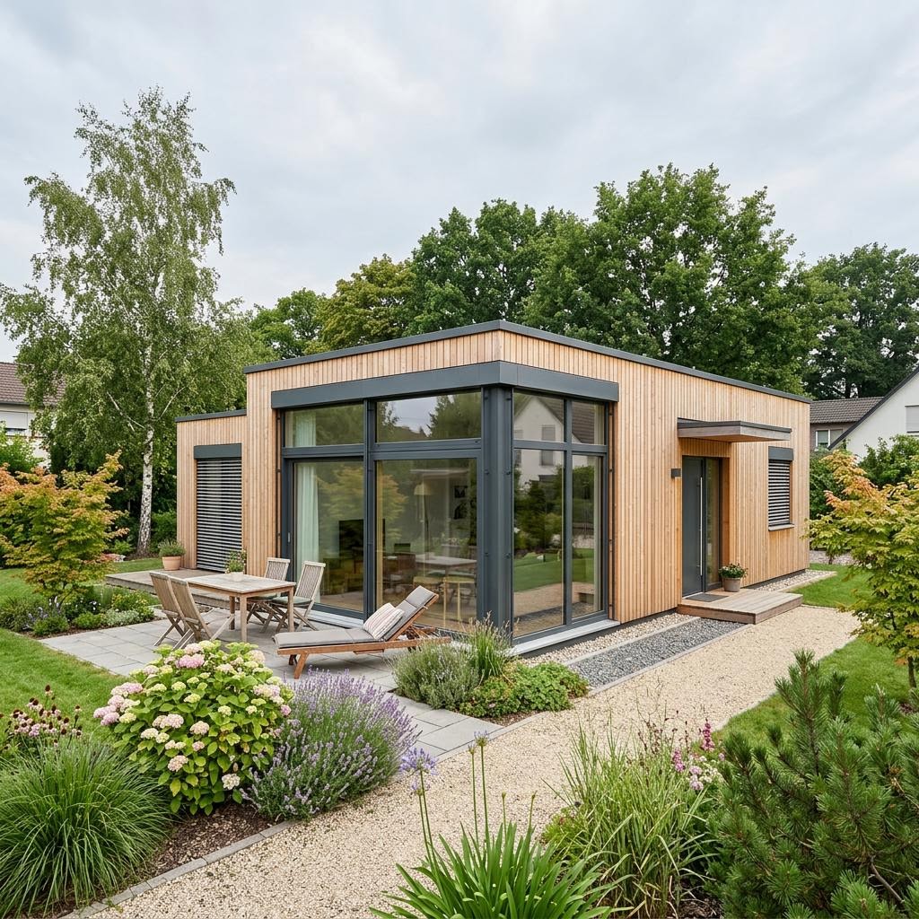 Lys 58 von Landhaus Ferienhaus Lys 58 der Nordic Ferienhaus Manufaktur als heller Bungalow mit Flachdach und Fensterbändern