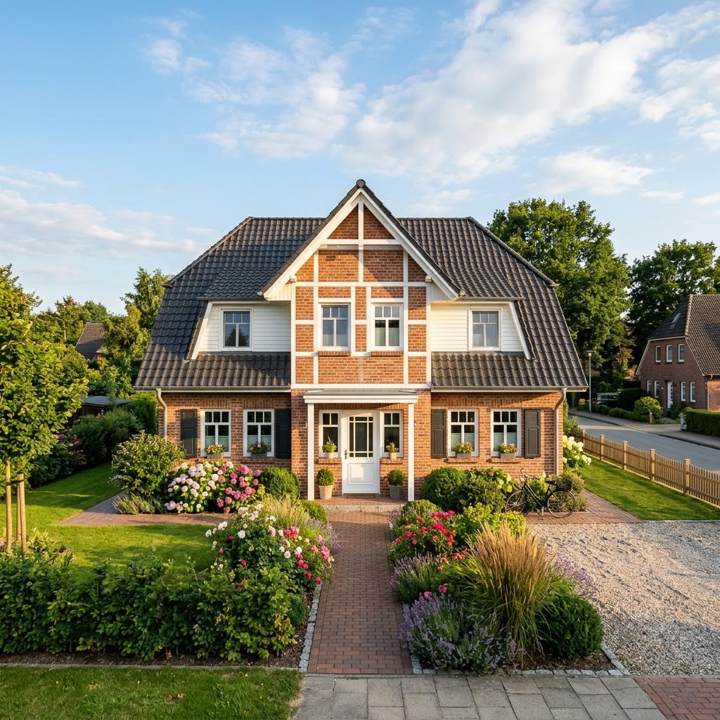 Friesenhaus Nordgiebel von Fjorborg Holzhäuser mit rotem Klinker und Krüppelwalmdach